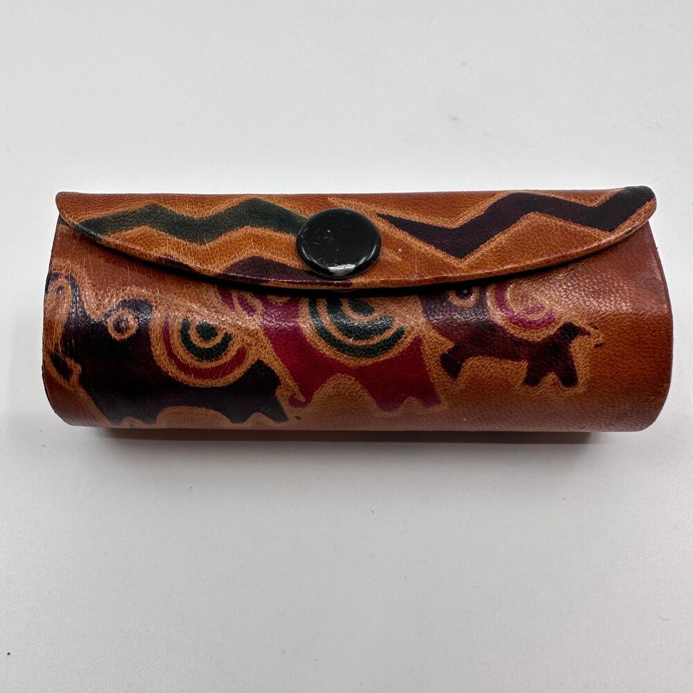 Vtg Leather Lipstick Holder Case 3Elephants w/Mirror Snap Closure Printed Tribal